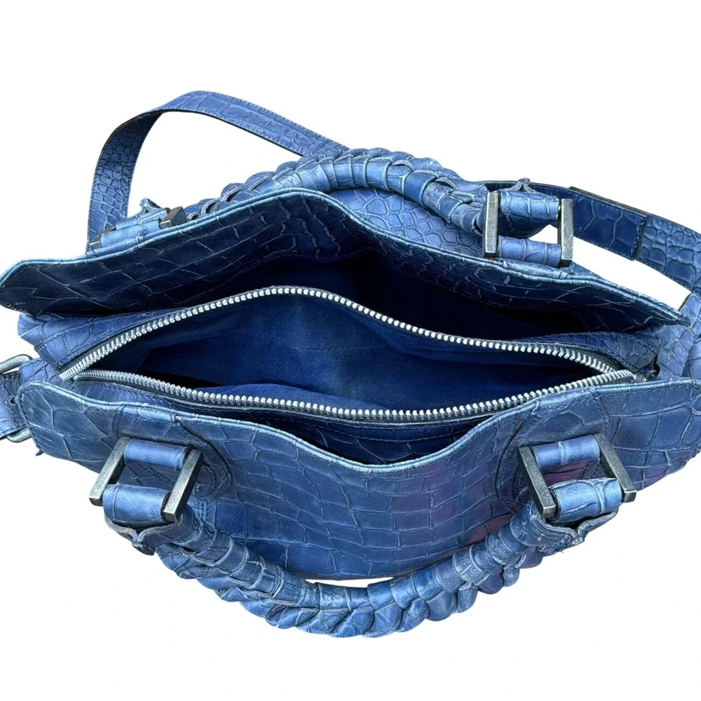 Falor Tote Bag Large Blue Croc Embossed Leather Braided Handles Made in Italy